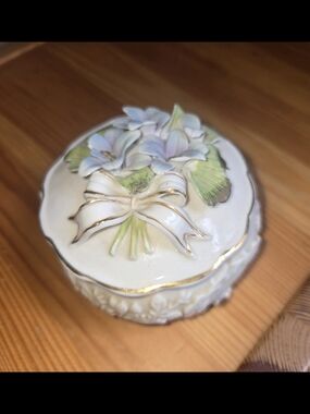 Porcelain Floral Trinket Box with Gold Trim -